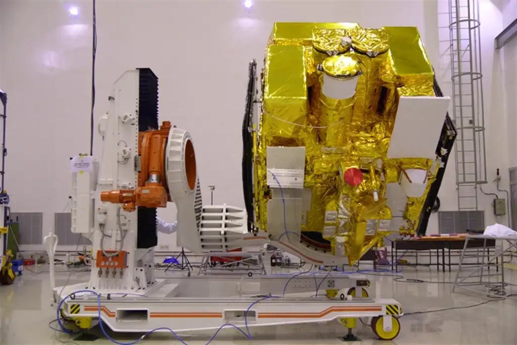 ASTROSAT IN TILTED POSITION IN CLEAN ROOM FOR A PRE-LAUNCH TEST