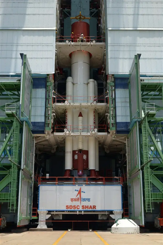 FULLY INTEGRATED PSLV-C30 CORE STAGE WITH STRAP-ONS AT MOBILE SERVICE TOWER