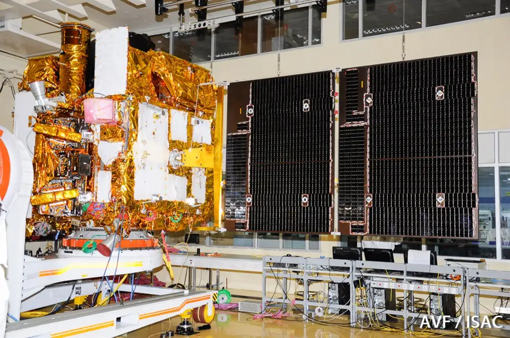 PARTIAL VIEW OF ASTROSAT IN CLEAN ROOM WITH ITS SOLAR ARRAYS IN DEPLOYED CONDITION