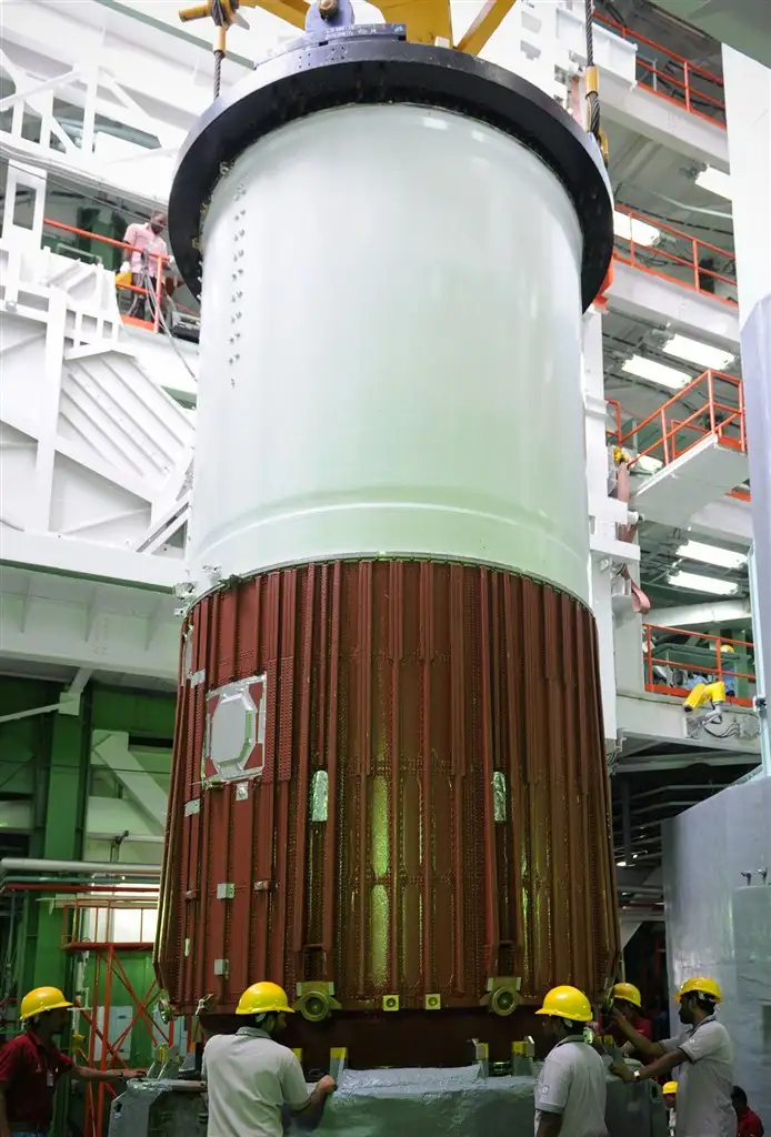 PSLV-C30 FIRST STAGE NOZZLE END SEGMENT BEING PLACED ON LAUNCH PEDESTAL