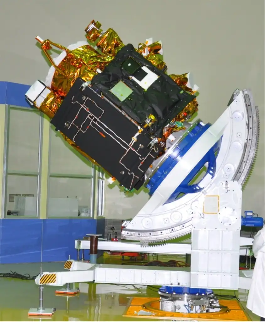 Spacecraft in clean room for Moment of Inertia Measurements