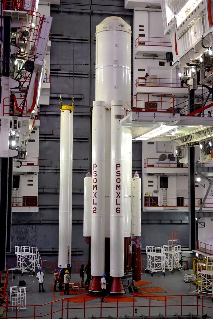 Integration of strap-on motors with PSLV-C34 core stage at Vehicle Assembly Building