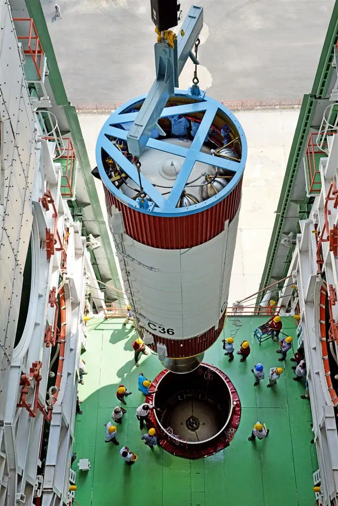 An inside view of PSLV-C36 second stage hoisting inside Mobile Service Tower