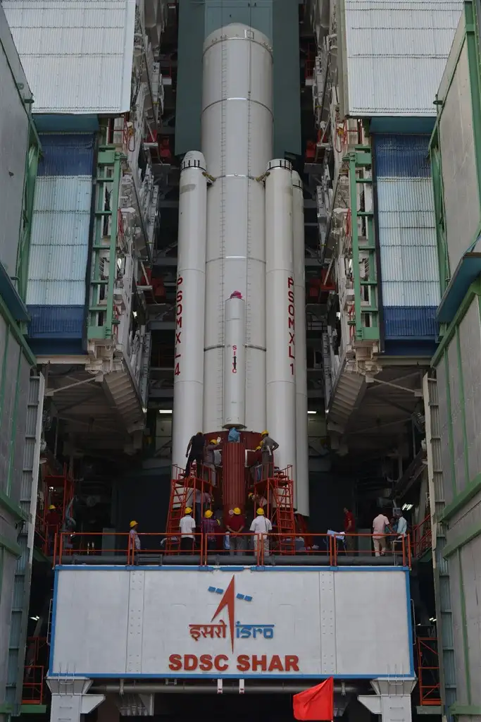 Launch vehicle integrtion personnel working on PSLV-C36 core stage inside Mobile Service Tower