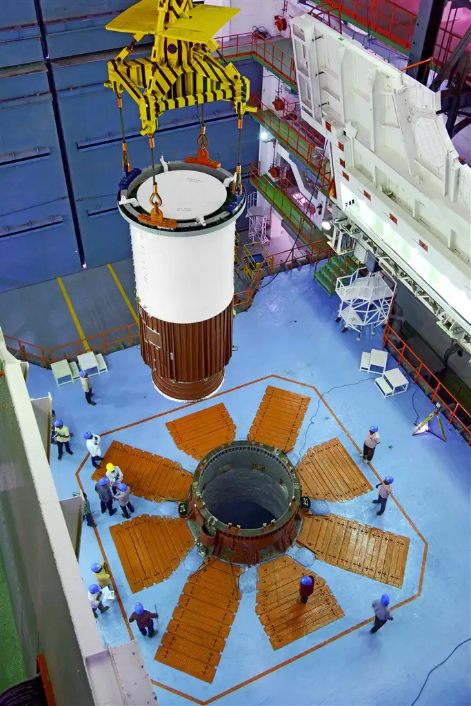 Nozzle end segment of PSLV-C45 Core (First) Stage being lowered on Mobile Launch Pedestal during vehicle integration