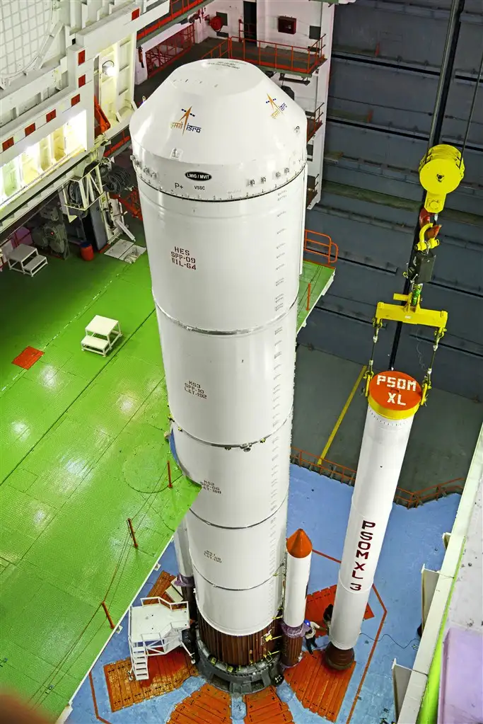 Fully integrated PSLV-C45 Core (First) Stage with one of its strap-ons by its side