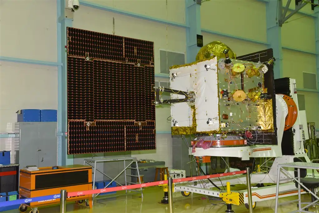 irnss-1h at cleanroom with one of its solar panels deployed