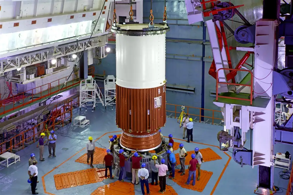 IMAGE nozzle end segment of PSLV_C39 core stage being placed on the mobile launch pedestal