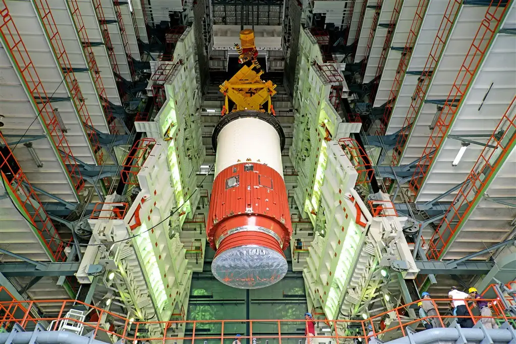 hoisting of nozzel end segment of PSLV_C39 core stage during vehicle integration